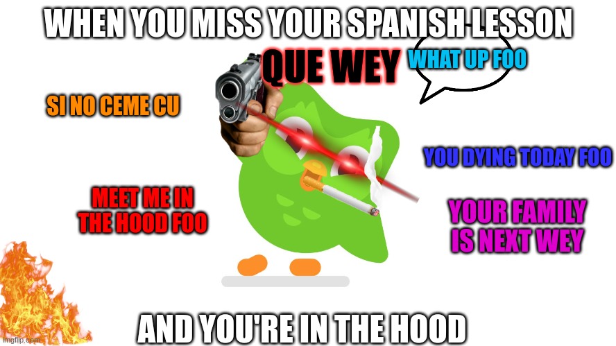 when you miss Spanish lessons and your in the hood | WHEN YOU MISS YOUR SPANISH LESSON; QUE WEY; WHAT UP FOO; SI NO CEME CU; YOU DYING TODAY FOO; YOUR FAMILY IS NEXT WEY; MEET ME IN THE HOOD FOO; AND YOU'RE IN THE HOOD | image tagged in doulingo | made w/ Imgflip meme maker