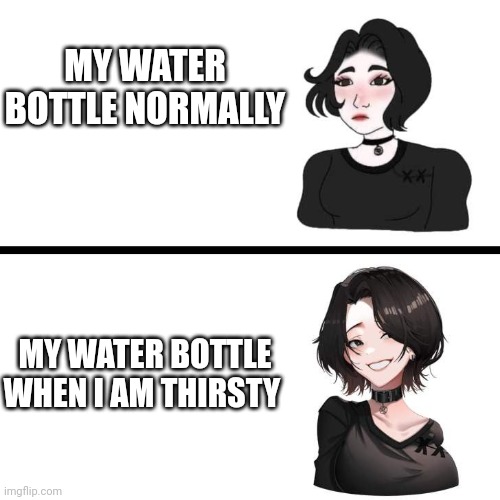 Water bottle | MY WATER BOTTLE NORMALLY; MY WATER BOTTLE WHEN I AM THIRSTY | image tagged in doomer girl vs anime doomer girl,water bottle,boys vs girls,memes | made w/ Imgflip meme maker