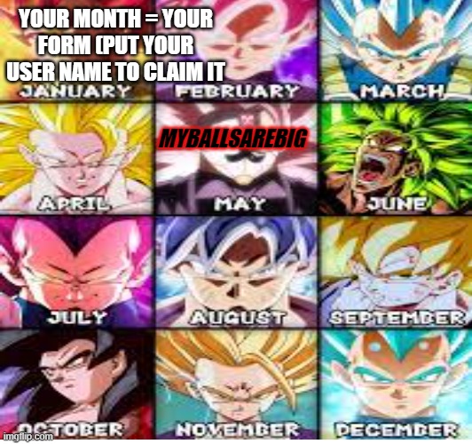 January is SSG btw | YOUR MONTH = YOUR FORM (PUT YOUR USER NAME TO CLAIM IT; MYBALLSAREBIG | image tagged in dragon ball z,why are you reading this | made w/ Imgflip meme maker