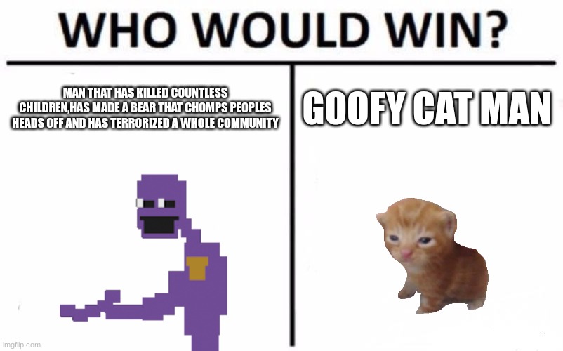 winner is.......... | MAN THAT HAS KILLED COUNTLESS CHILDREN,HAS MADE A BEAR THAT CHOMPS PEOPLES HEADS OFF AND HAS TERRORIZED A WHOLE COMMUNITY; GOOFY CAT MAN | image tagged in memes,who would win | made w/ Imgflip meme maker