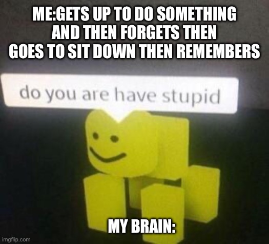 For real | ME:GETS UP TO DO SOMETHING AND THEN FORGETS THEN GOES TO SIT DOWN THEN REMEMBERS; MY BRAIN: | image tagged in do you have stupid | made w/ Imgflip meme maker