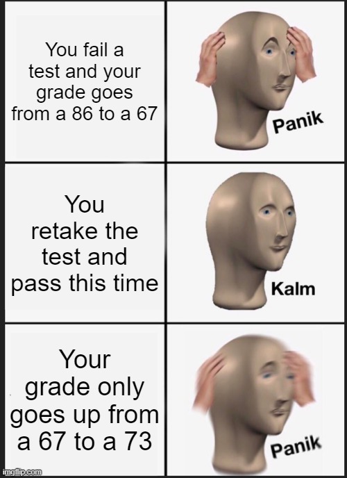 Meme #52 (2023) | You fail a test and your grade goes from a 86 to a 67; You retake the test and pass this time; Your grade only goes up from a 67 to a 73 | image tagged in memes,lol,school | made w/ Imgflip meme maker
