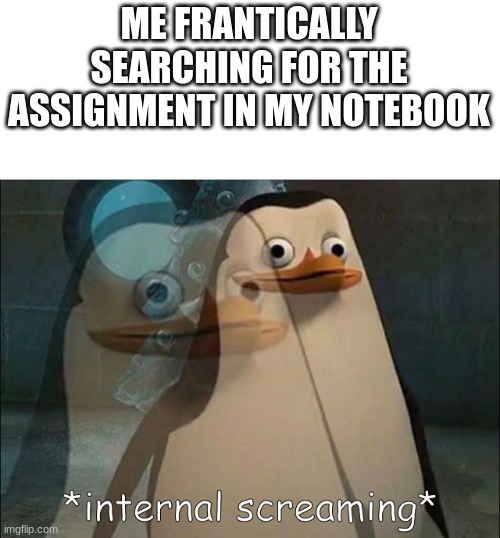 Private Internal Screaming | ME FRANTICALLY SEARCHING FOR THE ASSIGNMENT IN MY NOTEBOOK | image tagged in private internal screaming | made w/ Imgflip meme maker