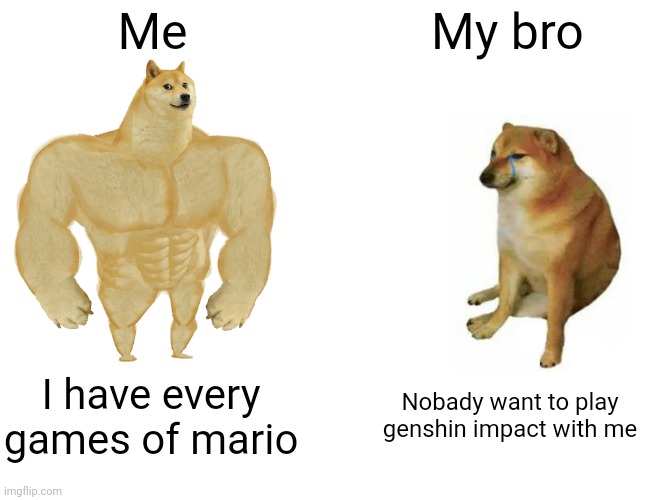 Buff Doge vs. Cheems Meme | Me; My bro; I have every games of mario; Nobady want to play genshin impact with me | image tagged in memes,buff doge vs cheems | made w/ Imgflip meme maker