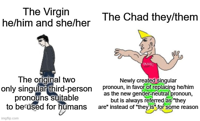 Virgin vs Chad pronouns | The Chad they/them; The Virgin he/him and she/her; Newly created singular pronoun, in favor of replacing he/him as the new gender-neutral pronoun, but is always referred as "they are" instead of "they is" for some reason; The original two only singular third-person pronouns suitable to be used for humans | image tagged in virgin vs chad | made w/ Imgflip meme maker