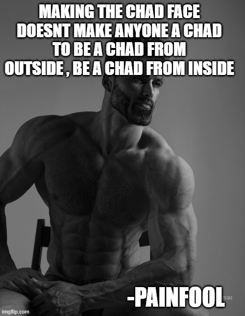 BE A REAL CHAD MAN !! | MAKING THE CHAD FACE DOESNT MAKE ANYONE A CHAD
TO BE A CHAD FROM OUTSIDE , BE A CHAD FROM INSIDE; -PAINFOOL | image tagged in giga chad | made w/ Imgflip meme maker