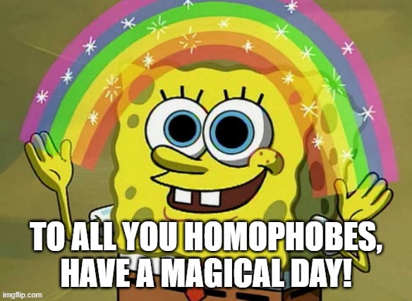 Imagination Spongebob | TO ALL YOU HOMOPHOBES, HAVE A MAGICAL DAY! | image tagged in memes,imagination spongebob | made w/ Imgflip meme maker