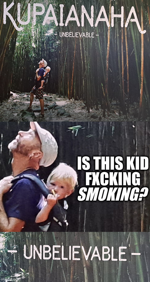 Maybe he's just holding it for his dad | IS THIS KID
FXCKING; SMOKING? | image tagged in hawaii | made w/ Imgflip meme maker