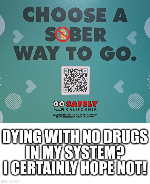 It isn't enough to take all the fun out of life, now they want to take it out of death too | DYING WITH NO DRUGS
IN MY SYSTEM?
I CERTAINLY HOPE NOT! | image tagged in drugs | made w/ Imgflip meme maker