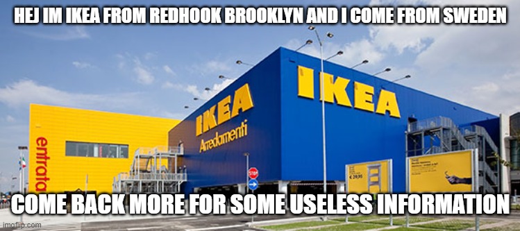 IKEA | HEJ IM IKEA FROM REDHOOK BROOKLYN AND I COME FROM SWEDEN; COME BACK MORE FOR SOME USELESS INFORMATION | image tagged in ikea | made w/ Imgflip meme maker