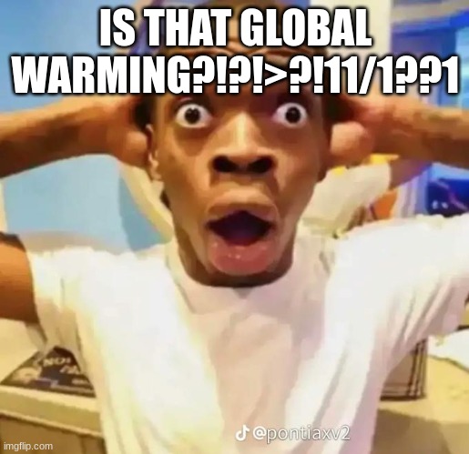Shocked black guy | IS THAT GLOBAL WARMING?!?!>?!11/1??1 | image tagged in shocked black guy | made w/ Imgflip meme maker