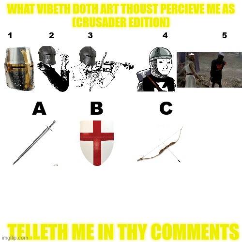 WHAT VIBETH DOTH ART THOUST PERCIEVE ME AS
(CRUSADER EDITION); 1              2             3                           4                     5; A       B         C; TELLETH ME IN THY COMMENTS | image tagged in what,vibe,do,i,give,off | made w/ Imgflip meme maker
