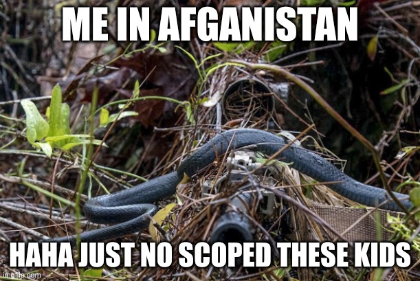 Sniper Camouflage Snake Rifle Military | ME IN AFGANISTAN; HAHA JUST NO SCOPED THESE KIDS | image tagged in sniper camouflage snake rifle military | made w/ Imgflip meme maker