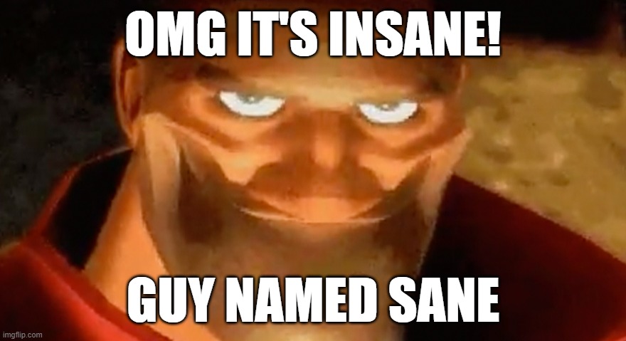 Relatable (OC) | OMG IT'S INSANE! GUY NAMED SANE | image tagged in tf2,tf2 heavy,heavy tf2 | made w/ Imgflip meme maker