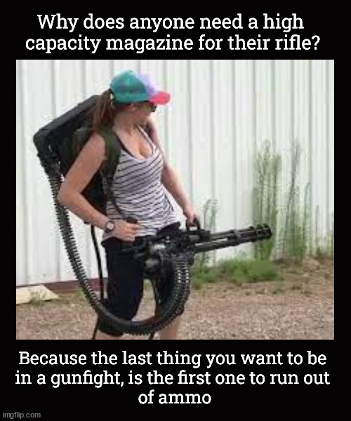 Why does anyone need a high capacity magazine ... | Why does anyone need a high 
capacity magazine for their rifle? Because the last thing you want to be 
in a gunfight, is the first one to run out 
of ammo | image tagged in high capacity magazines,gun violence,gun control | made w/ Imgflip meme maker
