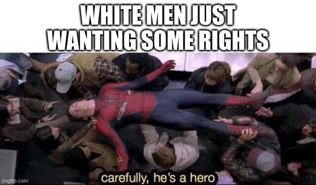 Carefully he's a hero | WHITE MEN JUST WANTING SOME RIGHTS | image tagged in carefully he's a hero | made w/ Imgflip meme maker