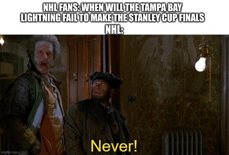 The Tampa Bay Lightning SUCK. | NHL FANS: WHEN WILL THE TAMPA BAY LIGHTNING FAIL TO MAKE THE STANLEY CUP FINALS; NHL: | image tagged in home alone never template,nhl,tampa bay lightning | made w/ Imgflip meme maker