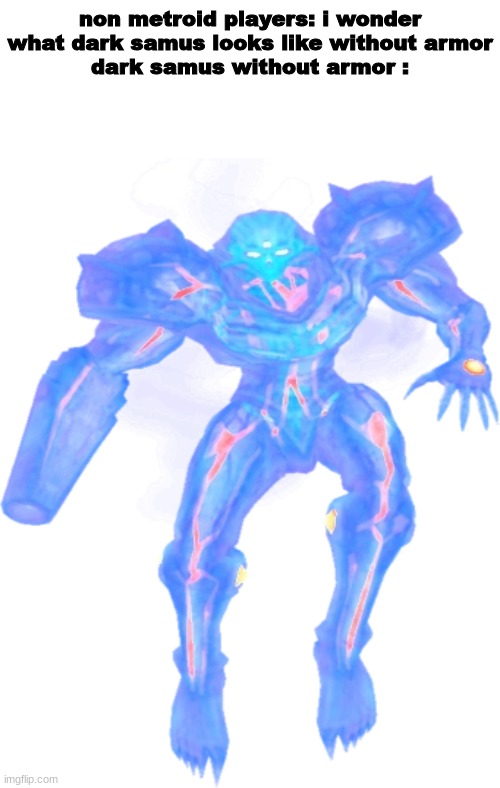 non metroid players: i wonder what dark samus looks like without armor
dark samus without armor : | made w/ Imgflip meme maker