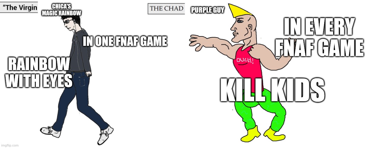 Fnaf | CHICA'S MAGIC RAINBOW; PURPLE GUY; IN EVERY FNAF GAME; IN ONE FNAF GAME; RAINBOW WITH EYES; KILL KIDS | image tagged in virgin and chad | made w/ Imgflip meme maker