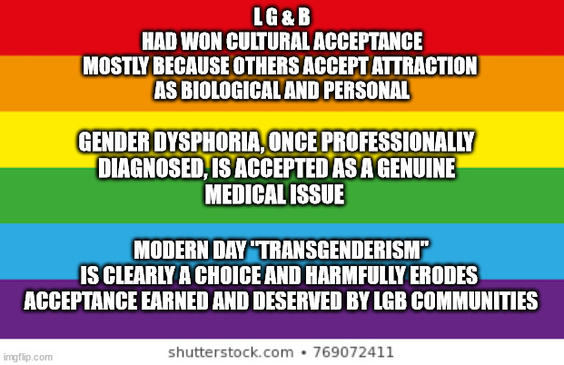 The Truth Does Not Require Your Belief | L G & B
HAD WON CULTURAL ACCEPTANCE
MOSTLY BECAUSE OTHERS ACCEPT ATTRACTION 
AS BIOLOGICAL AND PERSONAL; GENDER DYSPHORIA, ONCE PROFESSIONALLY
DIAGNOSED, IS ACCEPTED AS A GENUINE
MEDICAL ISSUE; MODERN DAY "TRANSGENDERISM"
IS CLEARLY A CHOICE AND HARMFULLY ERODES 
ACCEPTANCE EARNED AND DESERVED BY LGB COMMUNITIES | image tagged in lgbtqp,self harm | made w/ Imgflip meme maker