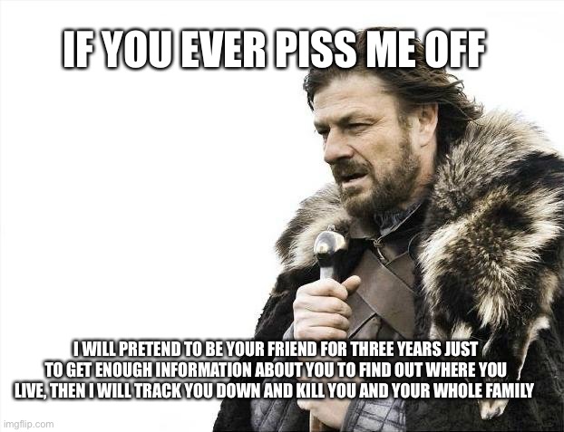 Brace Yourselves X is Coming | IF YOU EVER PISS ME OFF; I WILL PRETEND TO BE YOUR FRIEND FOR THREE YEARS JUST TO GET ENOUGH INFORMATION ABOUT YOU TO FIND OUT WHERE YOU LIVE, THEN I WILL TRACK YOU DOWN AND KILL YOU AND YOUR WHOLE FAMILY | image tagged in memes,brace yourselves x is coming | made w/ Imgflip meme maker