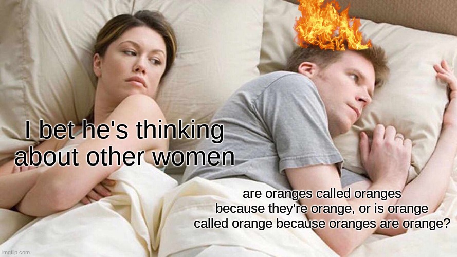 Seriously this question's been burning a hole in my brain for days now | I bet he's thinking about other women; are oranges called oranges because they're orange, or is orange called orange because oranges are orange? | image tagged in memes,i bet he's thinking about other women | made w/ Imgflip meme maker