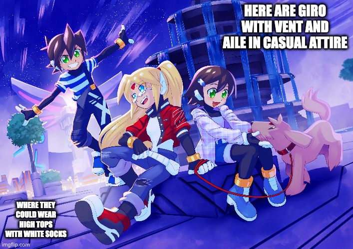 ZX Trio Doing Leisurly Activities | HERE ARE GIRO WITH VENT AND AILE IN CASUAL ATTIRE; WHERE THEY COULD WEAR HIGH TOPS WITH WHITE SOCKS | image tagged in megaman,megaman zx,memes,giro,vent,aile | made w/ Imgflip meme maker