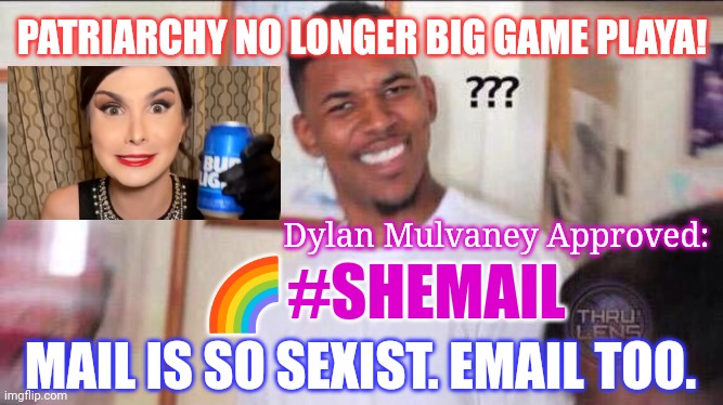 Sounds Like It's Time For Some Bigger Better Pronouns! ;) #TransAgenda | PATRIARCHY NO LONGER BIG GAME PLAYA! Dylan Mulvaney Approved:; 🌈#SHEMAIL; MAIL IS SO SEXIST. EMAIL TOO. | image tagged in black guy confused,transgender,bud light,sexist,patriarchy,pronouns sheet | made w/ Imgflip meme maker