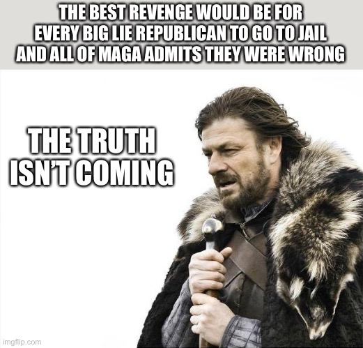 Brace Yourselves X is Coming Meme | THE BEST REVENGE WOULD BE FOR EVERY BIG LIE REPUBLICAN TO GO TO JAIL AND ALL OF MAGA ADMITS THEY WERE WRONG; THE TRUTH ISN’T COMING | image tagged in memes,brace yourselves x is coming | made w/ Imgflip meme maker