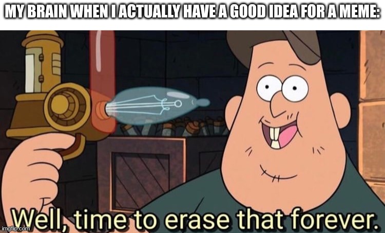 Why does this happen to me?!!?!!? | MY BRAIN WHEN I ACTUALLY HAVE A GOOD IDEA FOR A MEME: | image tagged in well time to erase that forever,gravity falls,memes | made w/ Imgflip meme maker