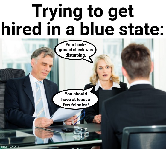 You gotta have some diversity! | Trying to get hired in a blue state:; Your back-
ground check was
disturbing. You should
have at least a
few felonies! | image tagged in job interview,blue states,democrats,employment,diversity | made w/ Imgflip meme maker