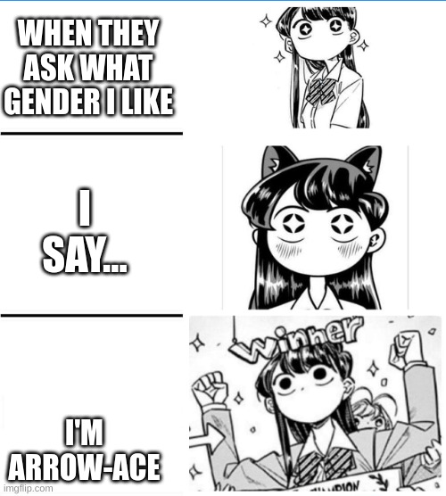 My brain | WHEN THEY ASK WHAT GENDER I LIKE; I SAY... I'M ARROW-ACE | image tagged in winner komi-san | made w/ Imgflip meme maker