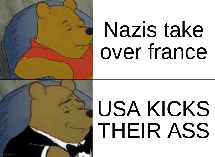 Tuxedo Winnie The Pooh | Nazis take over france; USA KICKS THEIR ASS | image tagged in memes,tuxedo winnie the pooh | made w/ Imgflip meme maker