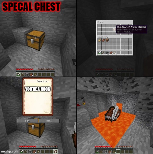 I am a pro | SPECAL CHEST; YOU'RE A NOOB | image tagged in book of truth minecraft,funny | made w/ Imgflip meme maker