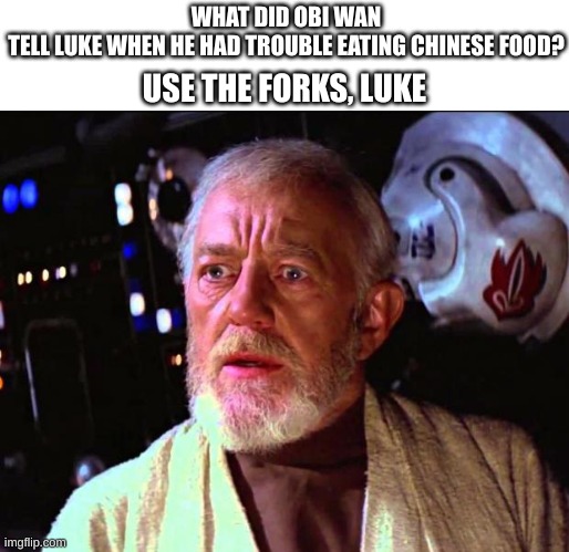 obi wan kenobi | WHAT DID OBI WAN TELL LUKE WHEN HE HAD TROUBLE EATING CHINESE FOOD? USE THE FORKS, LUKE | image tagged in obi wan kenobi,starwars | made w/ Imgflip meme maker