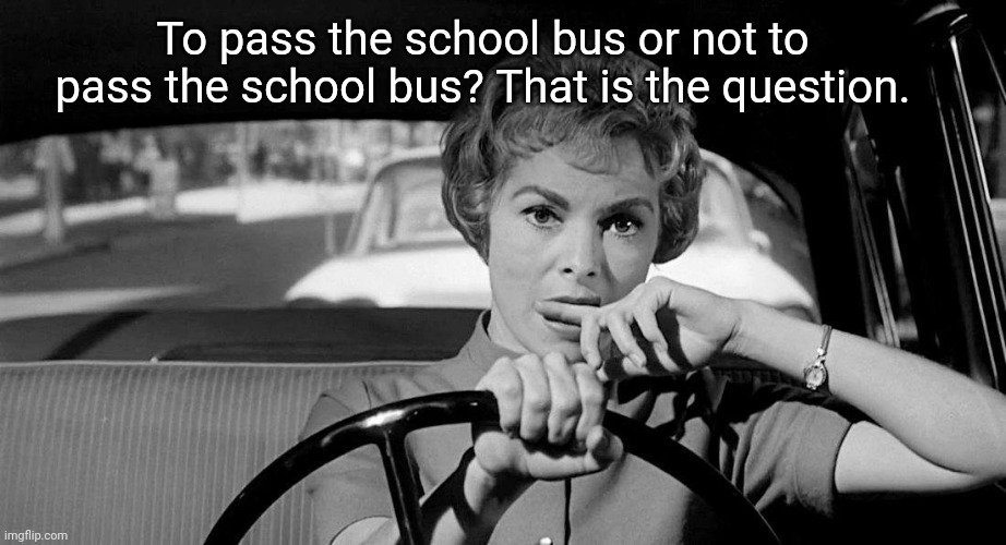 To Pass or Not to Pass | To pass the school bus or not to pass the school bus? That is the question. | image tagged in lady driving worried,school,school bus,woman | made w/ Imgflip meme maker