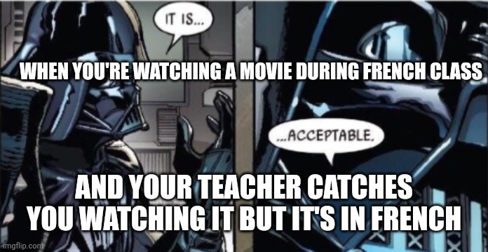 E | WHEN YOU'RE WATCHING A MOVIE DURING FRENCH CLASS; AND YOUR TEACHER CATCHES YOU WATCHING IT BUT IT'S IN FRENCH | image tagged in it is acceptable | made w/ Imgflip meme maker