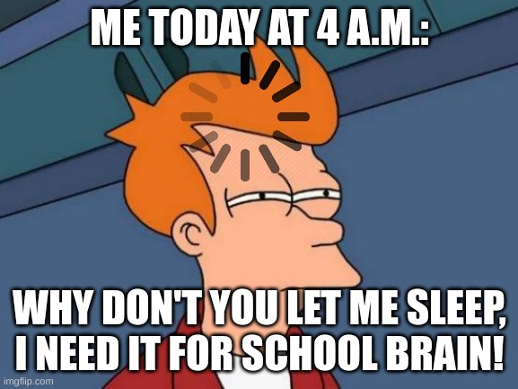 Early morning brain stroke | ME TODAY AT 4 A.M.:; WHY DON'T YOU LET ME SLEEP, I NEED IT FOR SCHOOL BRAIN! | image tagged in memes,futurama fry | made w/ Imgflip meme maker