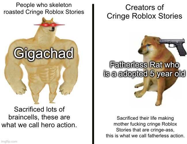 Cringe Roblox Stories Roasters VS The Creators of the Cringe Roblox stories | Creators of Cringe Roblox Stories; People who skeleton roasted Cringe Roblox Stories; Gigachad; Fatherless Rat who is a adopted 5 year old; Sacrificed lots of braincells, these are what we call hero action. Sacrificed their life making mother fucking cringe Roblox Stories that are cringe-ass, this is what we call fatherless action. | image tagged in memes,buff doge vs cheems,roblox meme | made w/ Imgflip meme maker