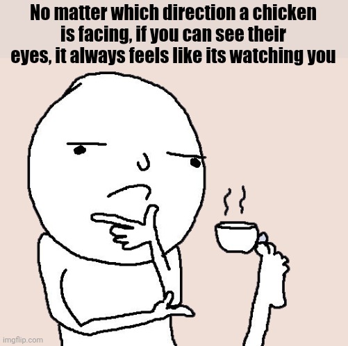 Maybe they are watching | No matter which direction a chicken is facing, if you can see their eyes, it always feels like its watching you | image tagged in guy holding a tea cup with a foot,original meme,shower thoughts,funny memes,relatable,watermelon | made w/ Imgflip meme maker