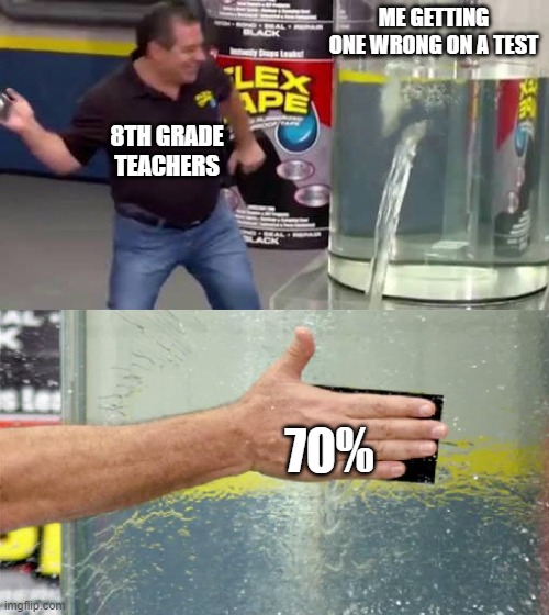 8th grade motivation | ME GETTING ONE WRONG ON A TEST; 8TH GRADE TEACHERS; 70% | image tagged in flex tape | made w/ Imgflip meme maker