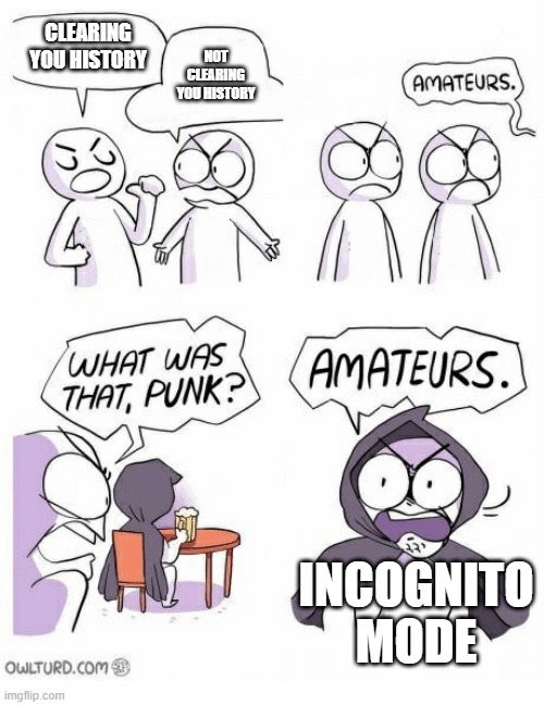 Amateurs | CLEARING YOU HISTORY NOT CLEARING YOU HISTORY INCOGNITO MODE | image tagged in amateurs | made w/ Imgflip meme maker