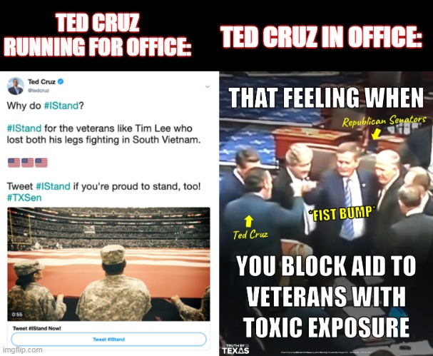 Scummy Ted Cruz | TED CRUZ IN OFFICE:; TED CRUZ RUNNING FOR OFFICE: | image tagged in ted cruz,veterans,maga | made w/ Imgflip meme maker