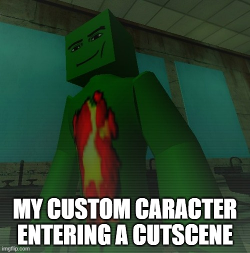 when your custom caracter enters a cutscene | MY CUSTOM CARACTER ENTERING A CUTSCENE | image tagged in when there isn't,funny,relatable | made w/ Imgflip meme maker