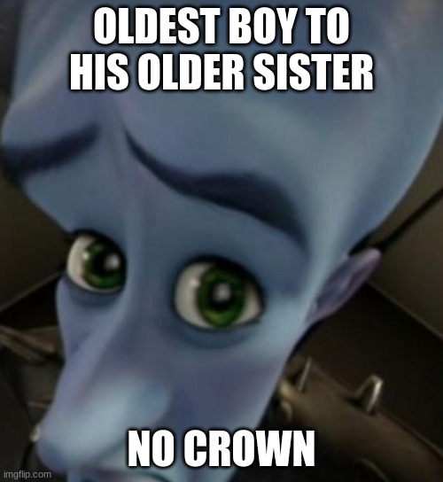 Megamind no bitches | OLDEST BOY TO HIS OLDER SISTER; NO CROWN | image tagged in megamind no bitches | made w/ Imgflip meme maker