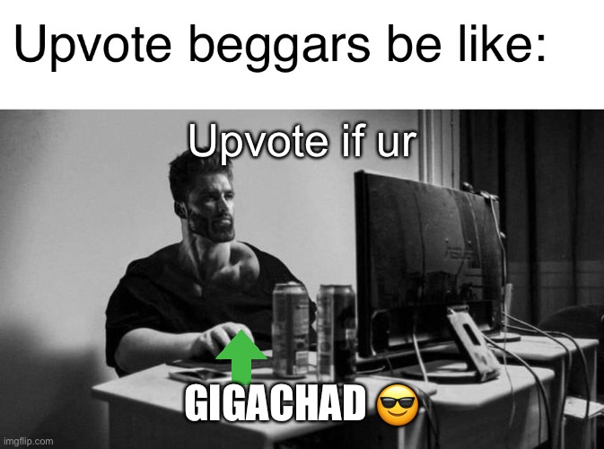Don’t be an upvote beggar | Upvote if ur; GIGACHAD 😎 | image tagged in gigachad on the computer | made w/ Imgflip meme maker