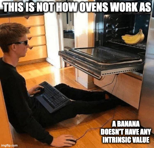 Banana in Oven | THIS IS NOT HOW OVENS WORK AS; A BANANA DOESN'T HAVE ANY INTRINSIC VALUE | image tagged in oven,banana,memes | made w/ Imgflip meme maker