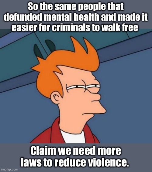 We need to punish non law breakers more to reduce crime | So the same people that defunded mental health and made it easier for criminals to walk free; Claim we need more laws to reduce violence. | image tagged in memes,futurama fry,political correctness,derp | made w/ Imgflip meme maker