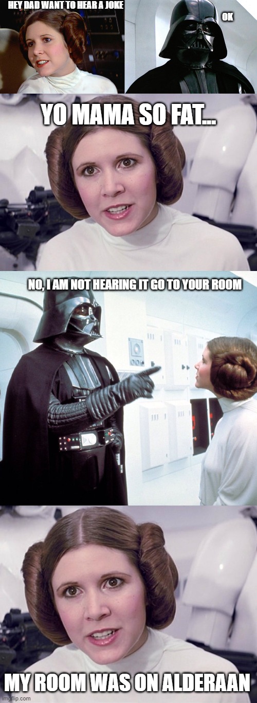 HEY DAD WANT TO HEAR A JOKE                                                                                                                                                                                             OK; YO MAMA SO FAT... NO, I AM NOT HEARING IT GO TO YOUR ROOM; MY ROOM WAS ON ALDERAAN | made w/ Imgflip meme maker