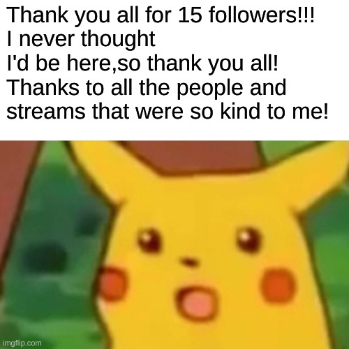 Thank you again! I hope you have a great rest of your day! | Thank you all for 15 followers!!!
I never thought I'd be here,so thank you all! Thanks to all the people and streams that were so kind to me! | image tagged in memes,surprised pikachu,followers,why are you reading the tags | made w/ Imgflip meme maker